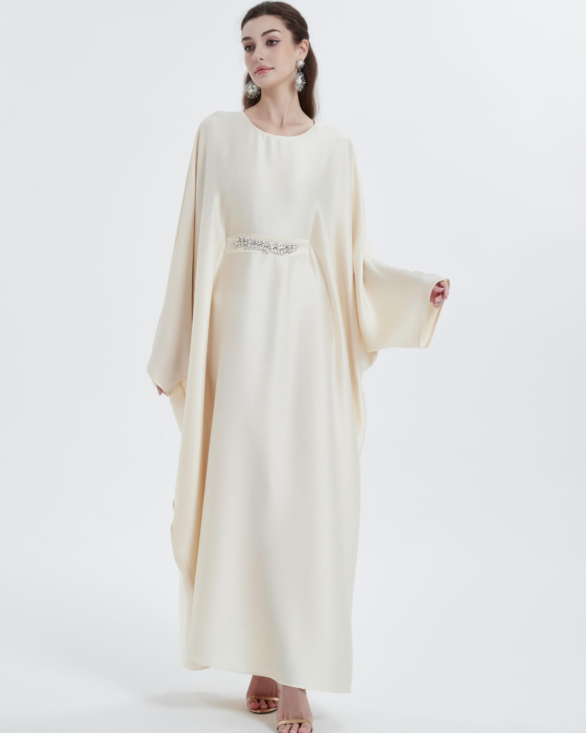 Elegant Satin Maxi Butterfly Abaya Crystal-Embellished Modest Dress