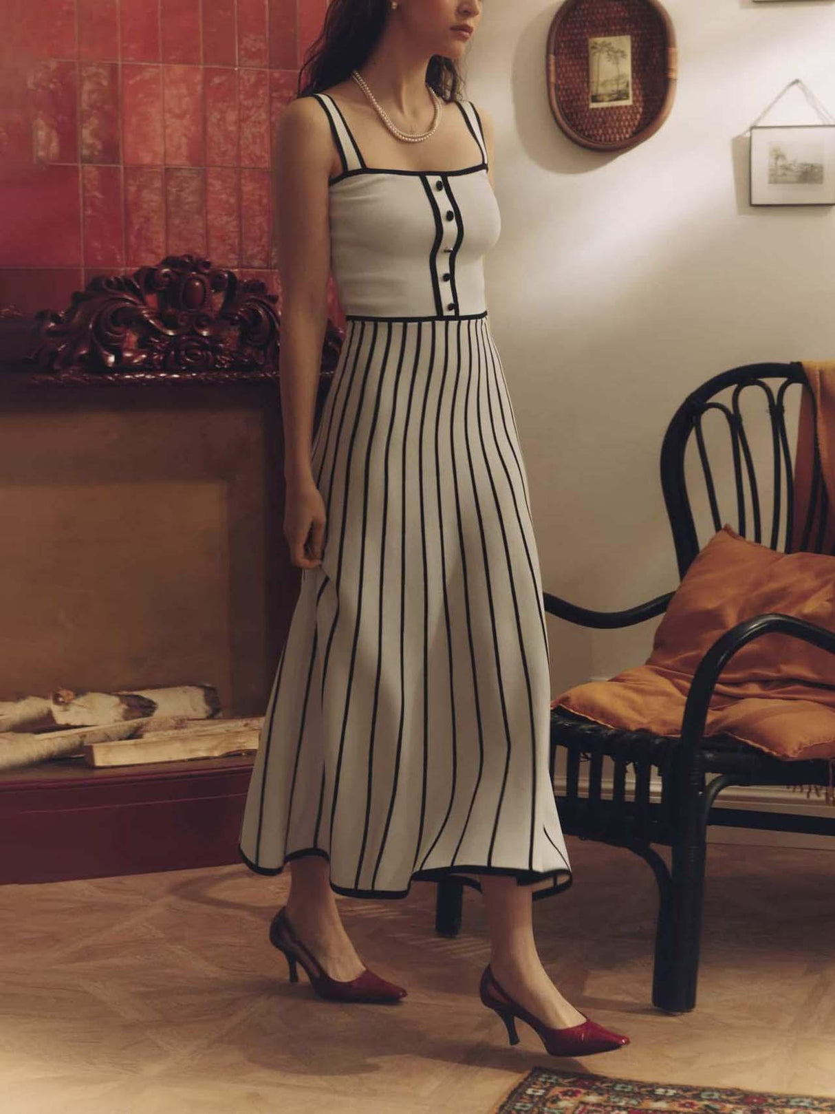Aurohaya Vintage Suspender Striped Contrast Knitted Midi Dress