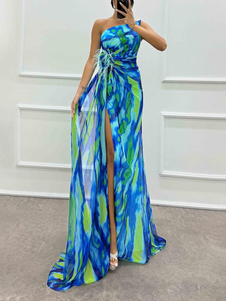Aurohaya Elegant Painted Floral Print Feather Rose Maxi Dress Blue