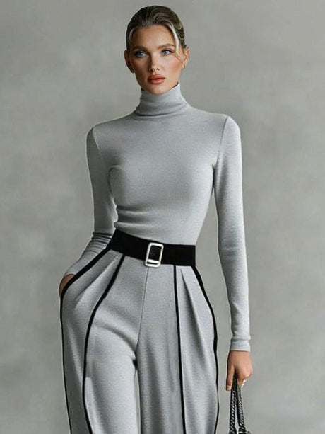 Aurohaya Elegant High Neck Slim Fit Long Sleeve Top Two-Piece Set