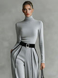 Elegant High Neck Slim Fit Long Sleeve Top Two-Piece Set