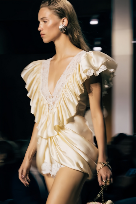 Aurohaya Nani Cream Plunge Neck Satin Jumpsuit with Lace Panels