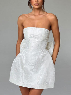 Aurohaya Fashionable And Sexy Jacquard Tube Top Bow Mini Dress