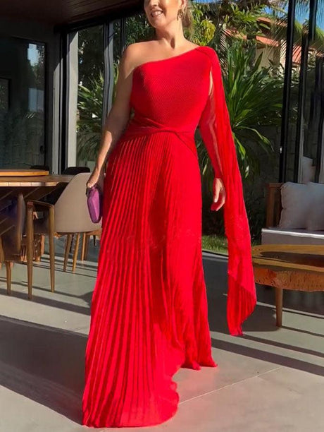 Aurohaya Elegant Flowing Pleated Off-the-Shoulder Maxi Dress Red