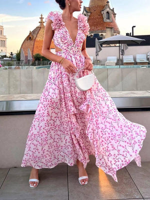 Aurohaya Deep V-neck Floral Hollow Maxi Dress