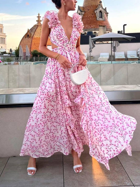 Aurohaya Deep V-neck Floral Hollow Maxi Dress