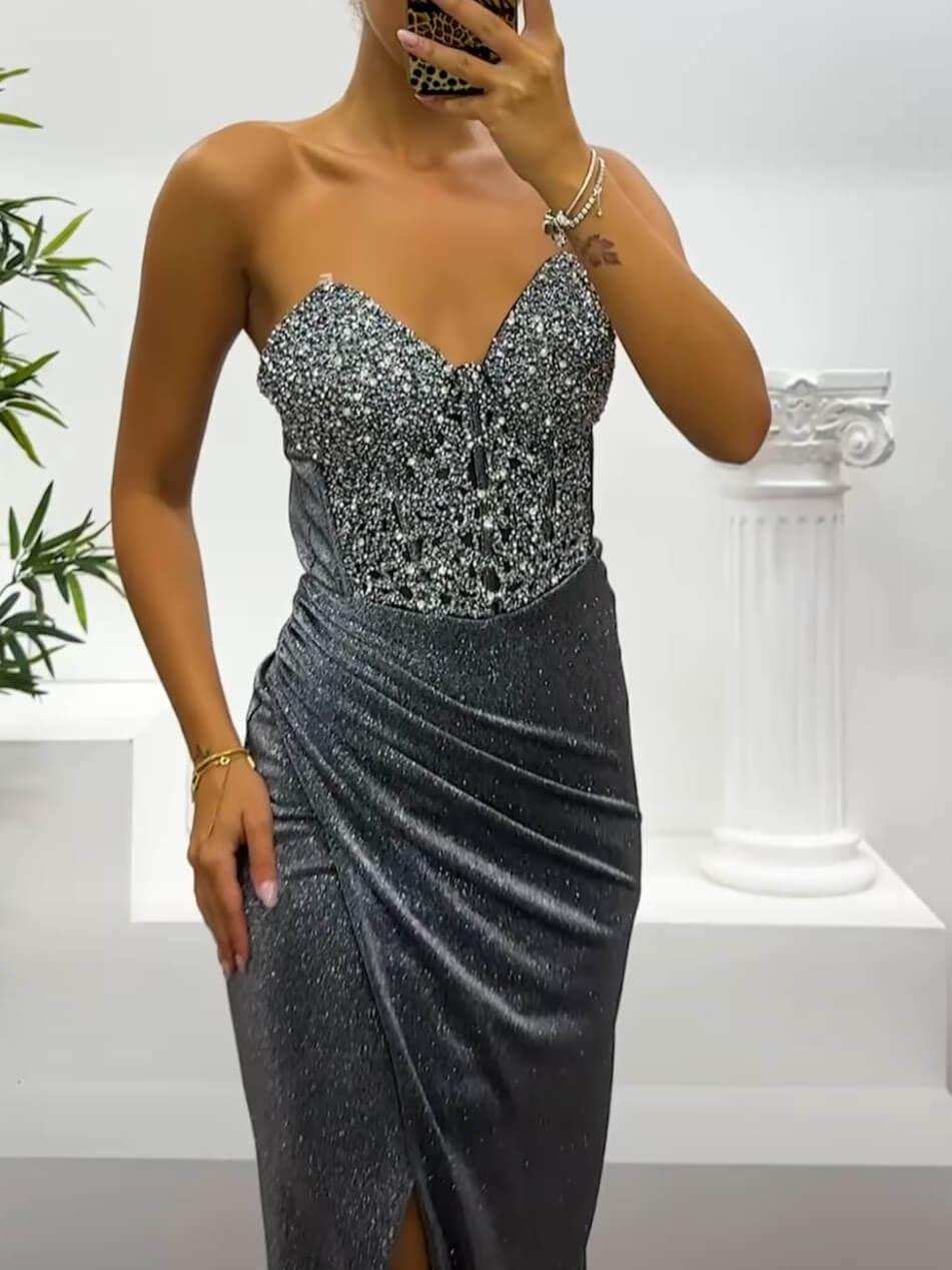 Aurohaya Sequined Side Slit Off-The-Shoulder Dress