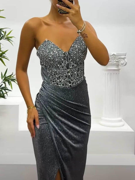 Aurohaya Sequined Side Slit Off-The-Shoulder Dress