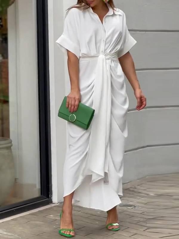 Aurohaya V-Neck Pleated Belt Short Sleeve Dress White