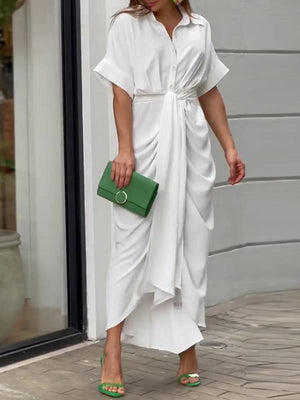 Aurohaya V-Neck Pleated Belt Short Sleeve Dress White