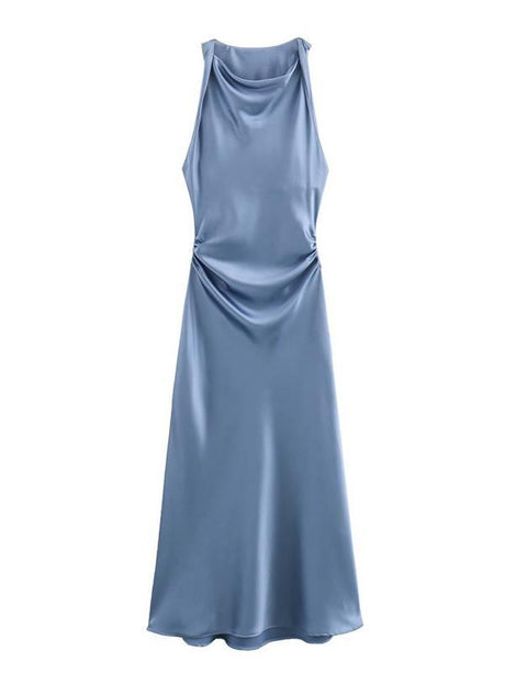 Aurohaya Sleeveless Satin Maxi Dress Blue