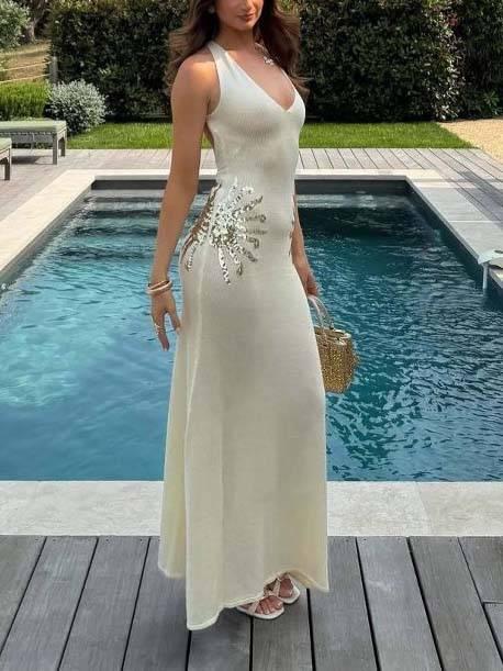 Aurohaya Sequined V-neck Backless Knit Maxi Dress