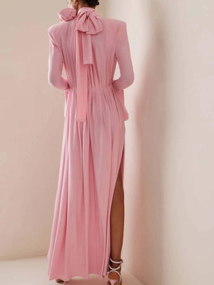 Aurohaya Three-Dimensional Flower Deep V Pleated Maxi Dress