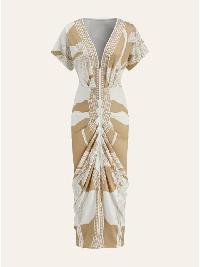 Aurohaya Distinctive Printed V-Neck Midi Dress Khaki