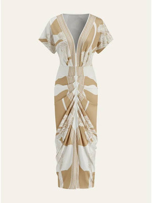 Aurohaya Distinctive Printed V-Neck Midi Dress Khaki