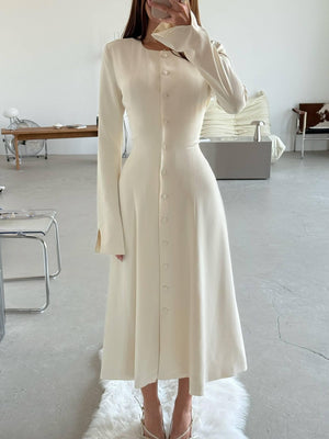 Aurohaya Slim-Fit High-Waist Lace-Up A- Line Midi Dress Off White