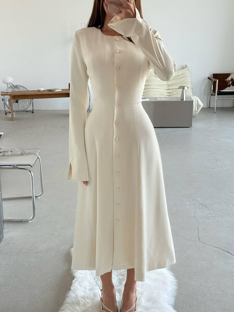 Aurohaya Slim-Fit High-Waist Lace-Up A- Line Midi Dress Off White