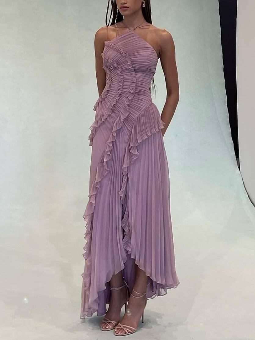 Aurohaya Halter Neck Pleated Backless Dress