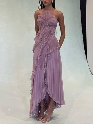 Aurohaya Halter Neck Pleated Backless Dress