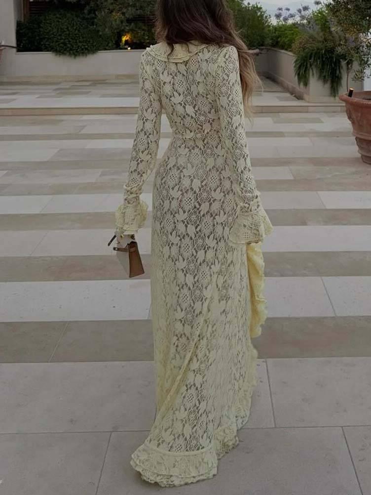 Aurohaya Ruffled Lace Front Slit Maxi Dress