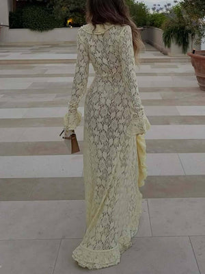 Aurohaya Ruffled Lace Front Slit Maxi Dress