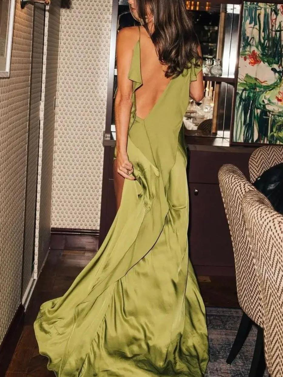 Aurohaya Elegant Satin Ruffled High Slit Maxi Dress