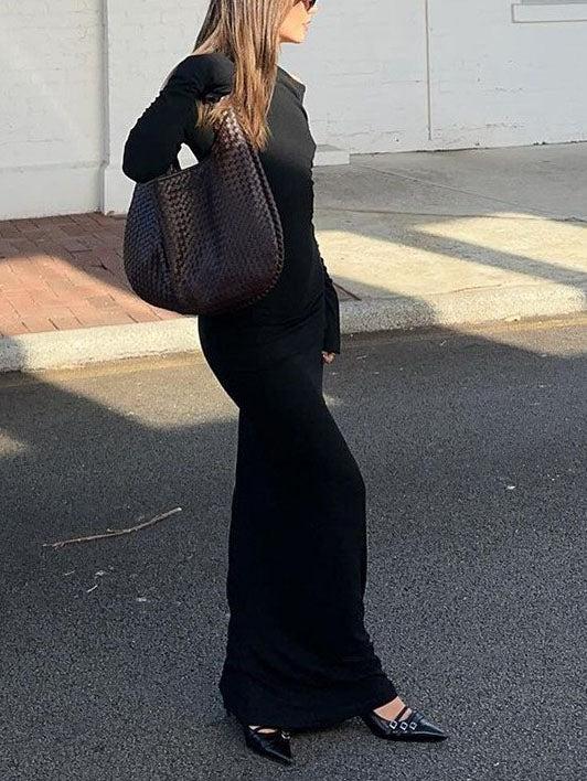Aurohaya Solid Color Off-shoulder Long-sleeved Maxi Dress