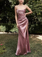 Aurohaya Elegant Fitted Satin Pleated Maxi Dress Pink