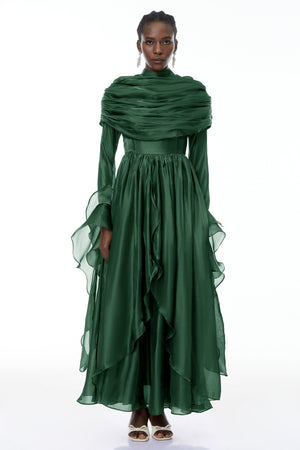 Aurohaya Gustave Green Ruched Cape Ruffled Maxi Dress