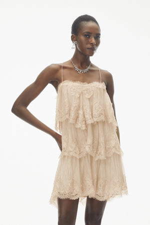Aurohaya Rachel Beige Tiered Mini Dress with Lace Trim