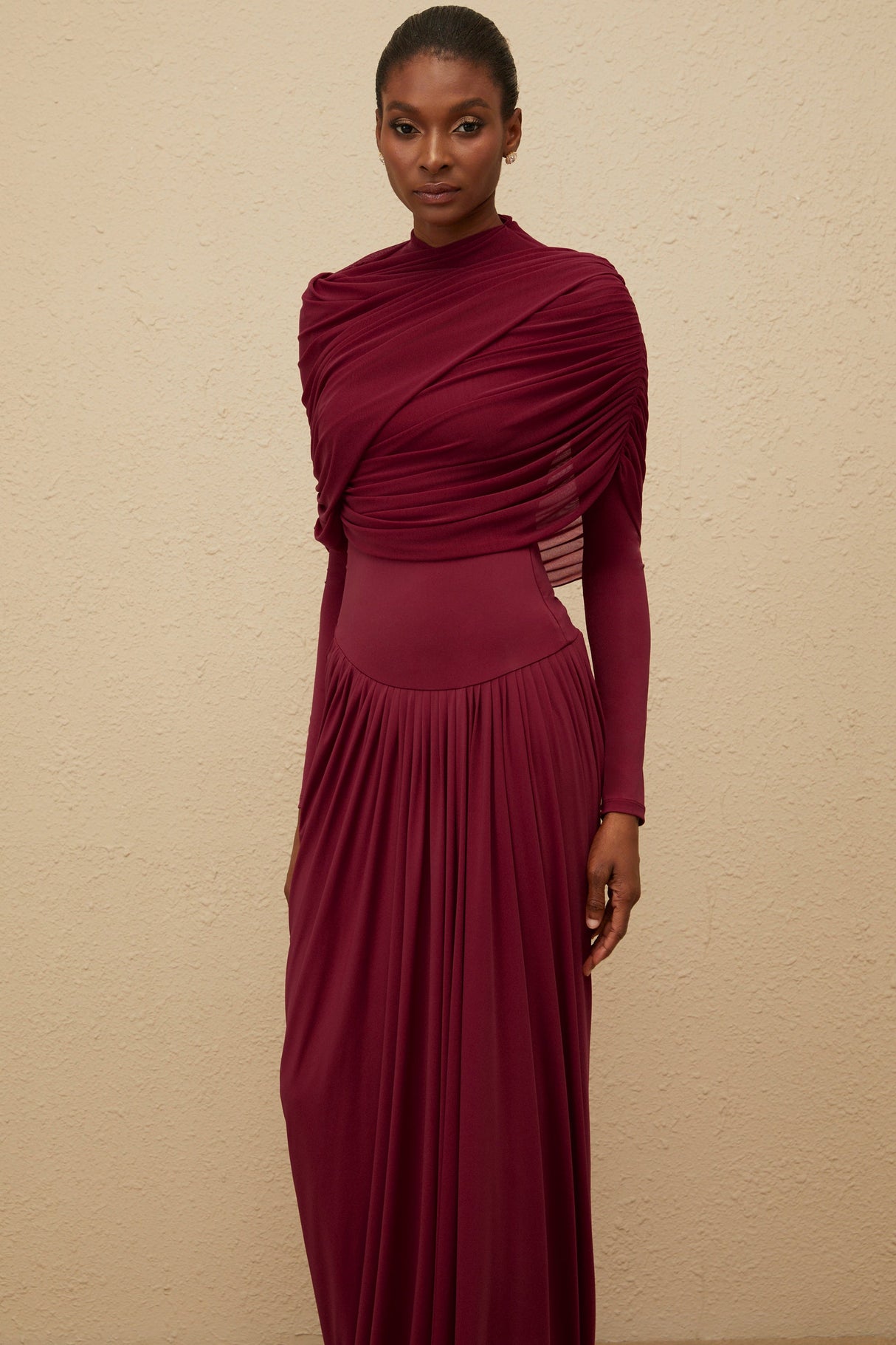 Aurohaya Catherine Red Asymmetrical Pleated Long-Sleeve Maxi Dress
