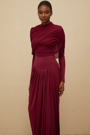 Aurohaya Catherine Red Asymmetrical Pleated Long-Sleeve Maxi Dress