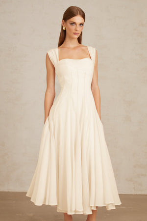 Aurohaya Érasme Cream White Flounced Midi dress