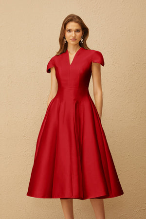 Aurohaya Aventin Red Godet Design Midi Dress