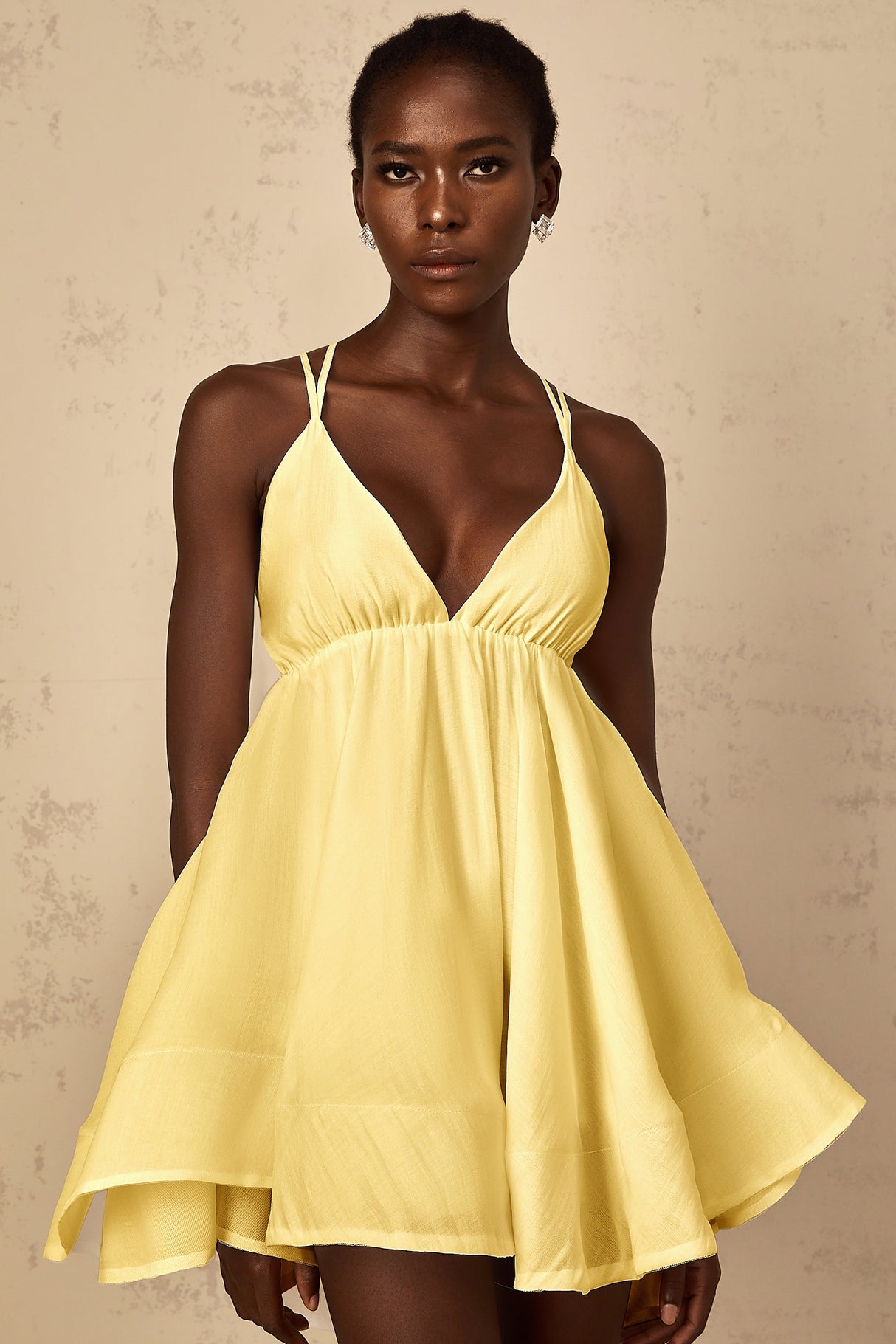 Aurohaya Quincie Yellow Shirred Flounced Mini Dress
