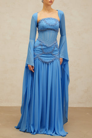 Aurohaya Gaëlle Blue Faux-pearl-embellished Pleated Maxi Dress