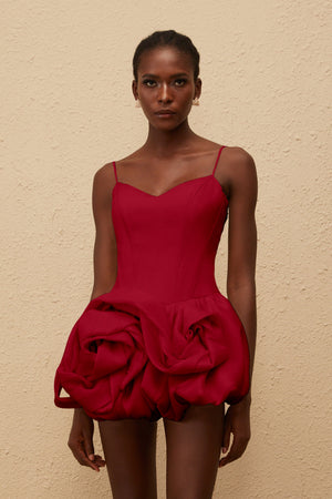 Aurohaya Melanie Red 3D Petal Bubble Mini Dress