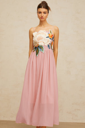 Aurohaya Josette floral-embroidered shirred maxi dress in Pink