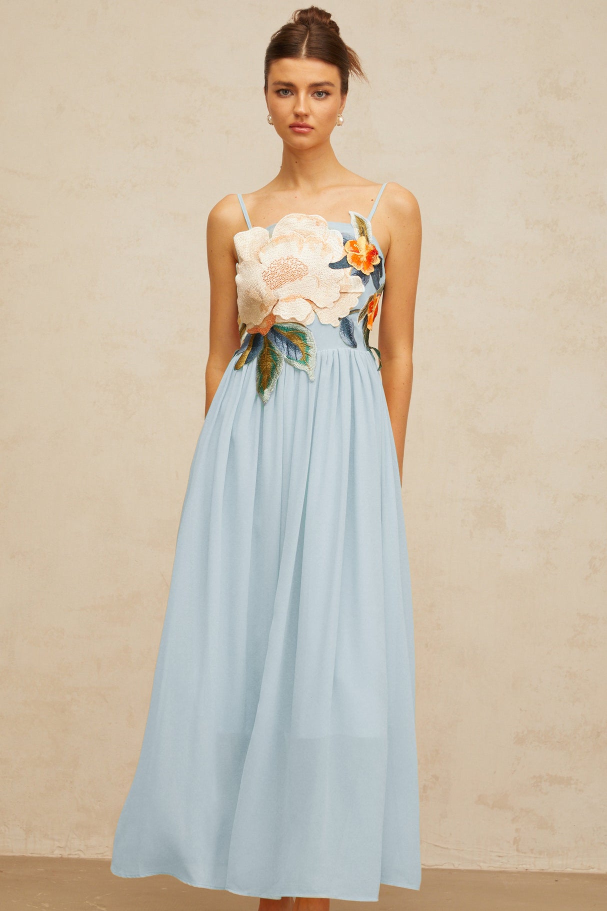 Aurohaya Josette floral-embroidered shirred maxi dress in Blue
