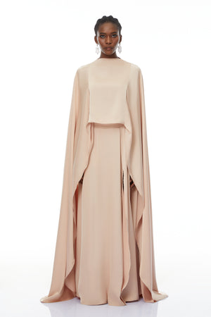 Aurohaya Everleigh Champagne Satin Top & Skirt Set With Cape Detail