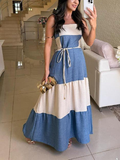 Aurohaya Casual Contrast Panel Square Neck Maxi Dress Blue