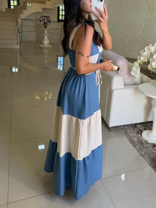 Aurohaya Casual Contrast Panel Square Neck Maxi Dress