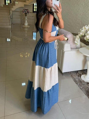 Aurohaya Casual Contrast Panel Square Neck Maxi Dress