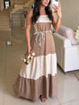 Aurohaya Casual Contrast Panel Square Neck Maxi Dress Brown