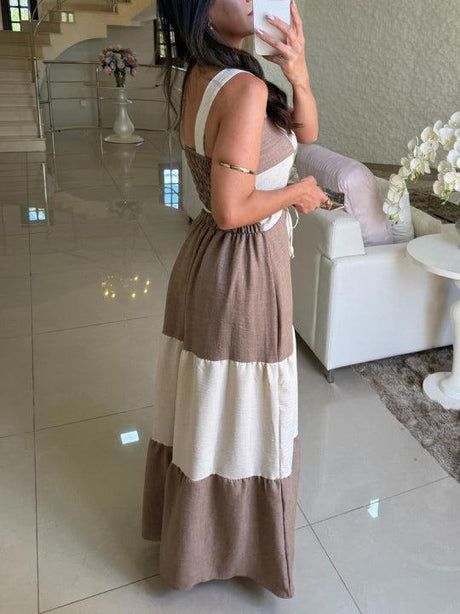 Aurohaya Casual Contrast Panel Square Neck Maxi Dress