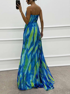 Aurohaya Elegant Painted Floral Print Feather Rose Maxi Dress