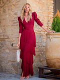 Elegant Tassel V-Neck Long Sleeve Maxi Dress