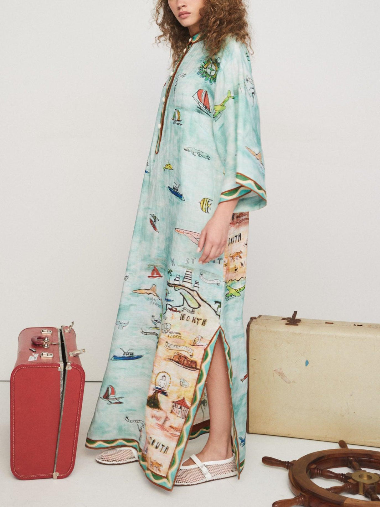 Aurohaya Modern Satin Art Island Print Slit Maxi Dress