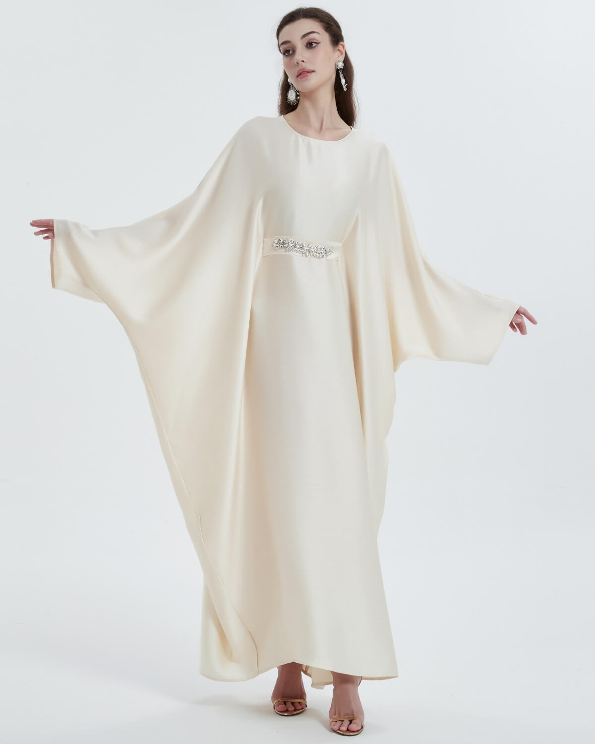 Elegant Satin Maxi Butterfly Abaya Crystal-Embellished Modest Dress