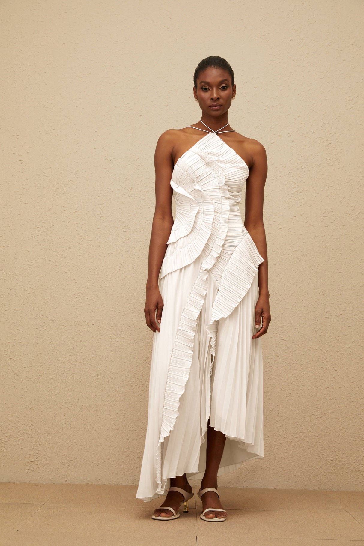 Aurohaya Doux White Ruffled Trim Pleated Midi Dress